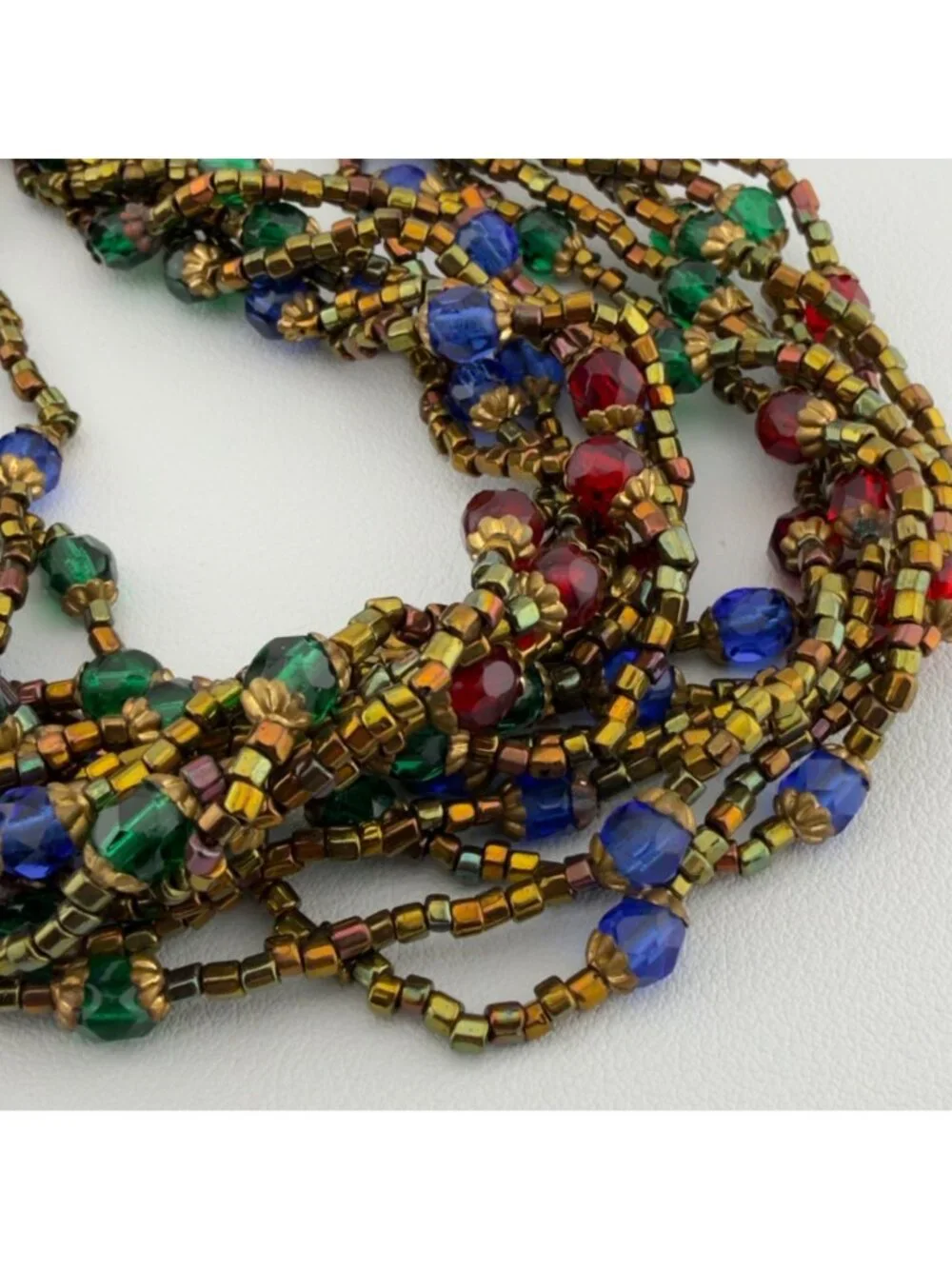 Multicolor Glass Beaded Layered Long Necklace Faceted Metallic 28